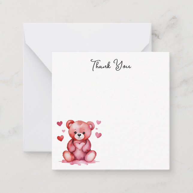 Cute Watercolor Bear, pink Heart Thank You Note Card (Front)