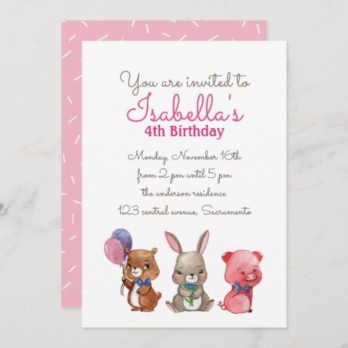 Cute Watercolor bear rabbit pig BIRTHDAY Invitation