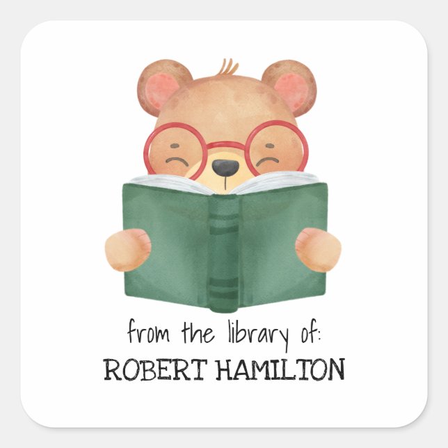 CUTE WATERCOLOR BEAR READING BOOK BOOKPLATE (Front)
