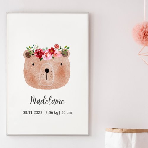 Cute Watercolor Bear wFlowers  Boho Nursery Poster