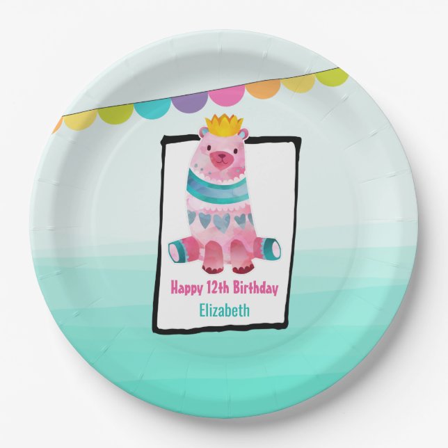 Cute Watercolor Bear Wearing a Crown Birthday Paper Plates (Front)
