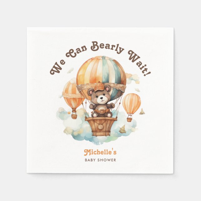 Cute Watercolor Bear with Balloons Baby Shower Napkins (Front)