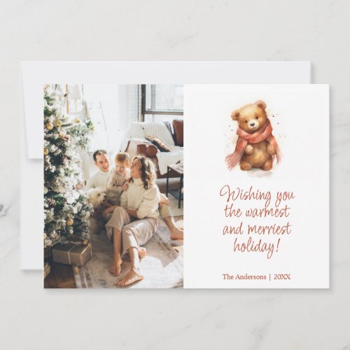 Cute Watercolor Bear with Scarf Christmas Photo Holiday Card