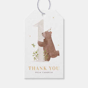 Cute Watercolor Bear Woodland First Birthday Party Gift Tags