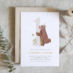 Cute Watercolor Bear Woodland First Birthday Party Invitation