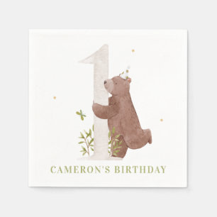 Cute Watercolor Bear Woodland First Birthday Party Napkins