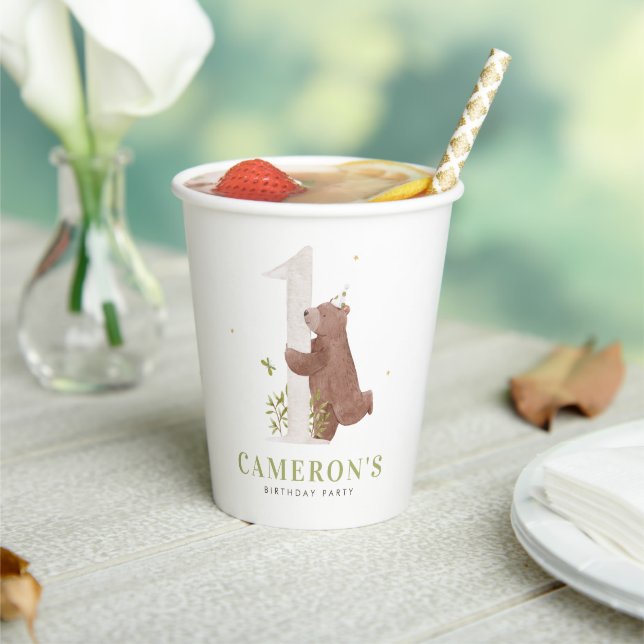 Cute Watercolor Bear Woodland First Birthday Party Paper Cups (Insitu)