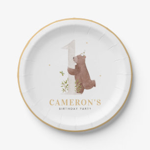 Cute Watercolor Bear Woodland First Birthday Party Paper Plates