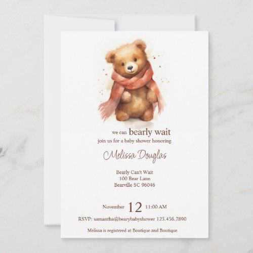 Cute Watercolor Bearly Wait Bear Baby Shower Invitation