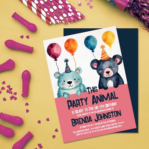 Cute Watercolor Bears Girls Birthday Party Animal Invitation