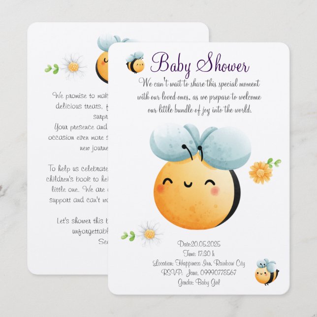 Cute watercolor bee invitation (Front/Back)