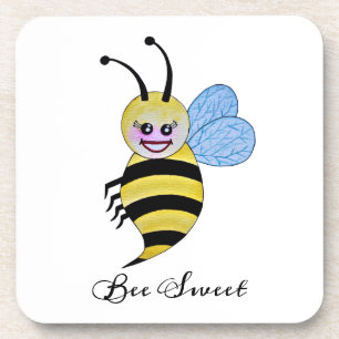 Cute Watercolor Bee With Happy Smile Beverage Coaster