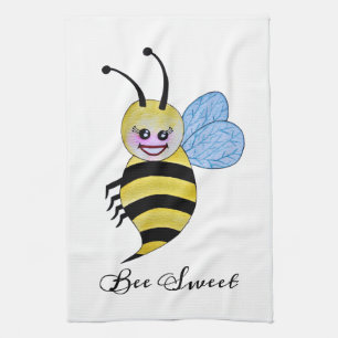 Cute Watercolor Bee With Happy Smile Kitchen Towel