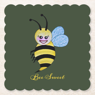 Cute Watercolor Bee With Happy Smile Paper Coaster