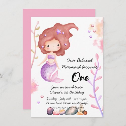 Cute Watercolor Beloved Pink Mermaid  Invitation