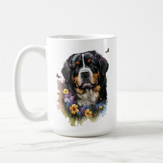 Cute Watercolor Bernese Mountain Dog with Flowers Coffee Mug (Left)