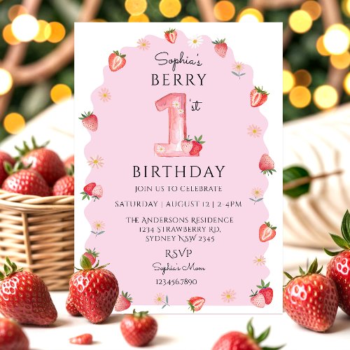 Cute Watercolor Berry First Birthday Invitation