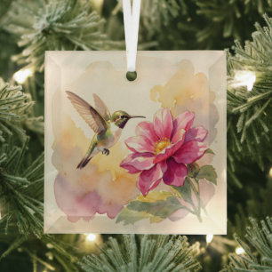 Cute watercolor bird and flower glass ornament