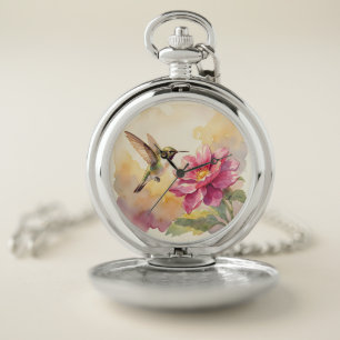 Cute watercolor bird and flower pocket watch