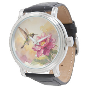 Cute watercolor bird and flower watch