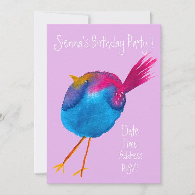 Cute watercolor bird colorful birthday party invitation (Front)