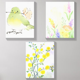 Cute Watercolor Bird & Floral Wall Art Set - Canvas Photo Tile