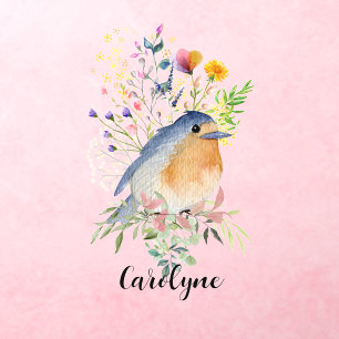 Cute Watercolor Bird Flowers Custom Name Wall Decal