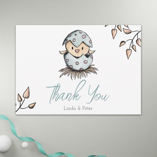 Cute Watercolor Bird Hatching in Nest Baby Shower Thank You Card