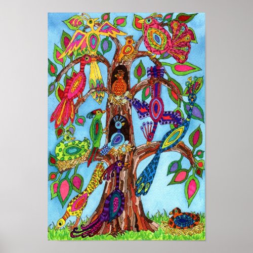 Cute Watercolor Bird Tree of Life Poster
