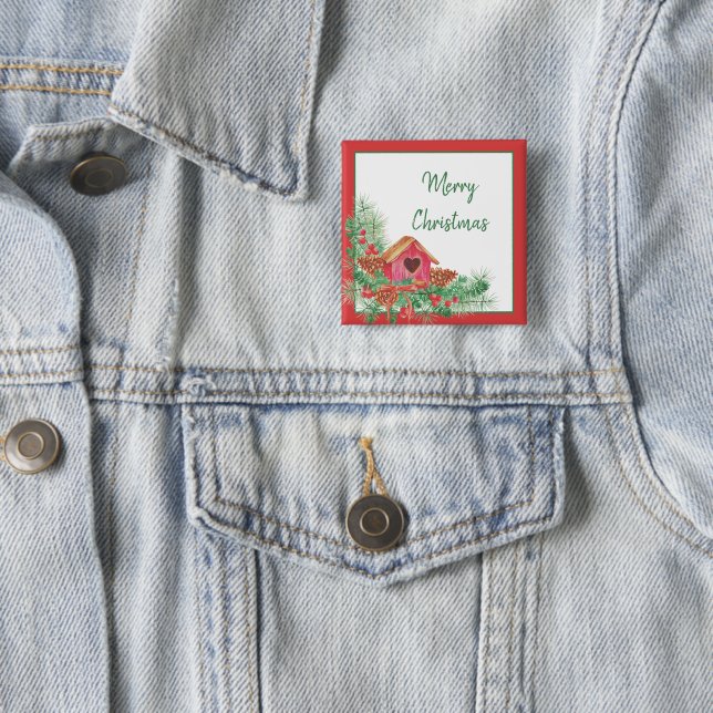 Cute watercolor birdhouse Christmas Holiday   Button (In Situ)