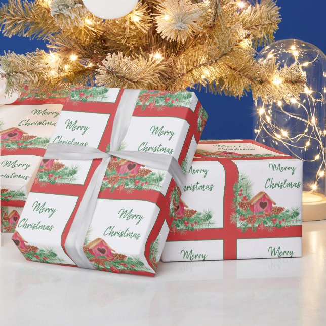 Cute watercolor birdhouse Christmas Holiday   Wrapping Paper (Holidays)