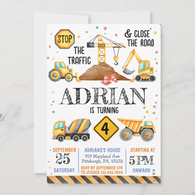 Cute Watercolor birthday Construction vehicles Invitation (Front)