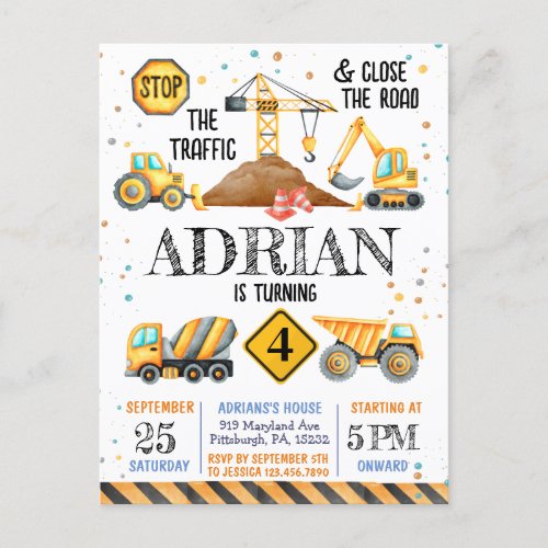 Cute Watercolor birthday Construction vehicles Postcard