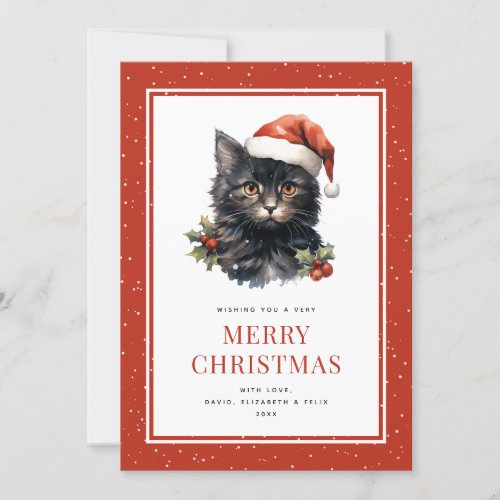 Cute Watercolor Black Cat Merry Christmas Card