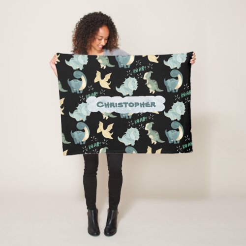 Cute Watercolor Black Dinosaur Pattern Fleece Blanket