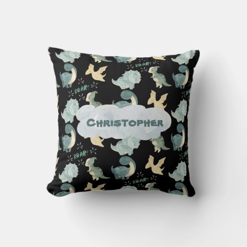 Cute Watercolor Black Dinosaur Pattern Teal Name Throw Pillow