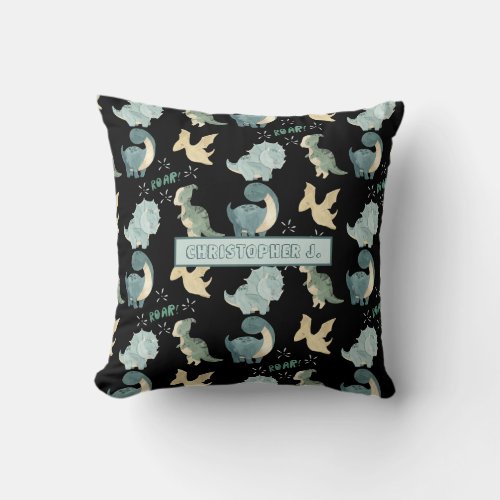 Cute Watercolor Black Dinosaur Pattern Throw Pillow