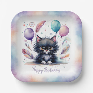 Cute Watercolor Black Kitten Balloons Birthday Paper Plates