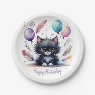 Cute Watercolor Black Kitten Balloons Birthday  Paper Plates