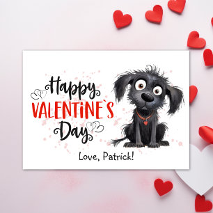 Cute Watercolor Black Puppy Happy Valentines Holiday Card