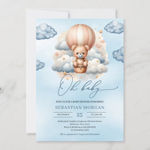 Cute watercolor blue and brown teddy bear oh baby invitation