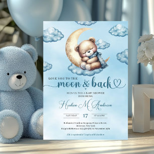 Cute watercolor blue and gold sleeping teddy bear invitation