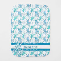 Cute Watercolor Blue and Teal Octopus Baby's Name Baby Burp Cloth