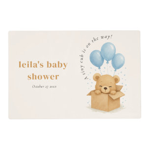 Cute Watercolor Blue Balloon Bear Boy Baby Shower Placemat