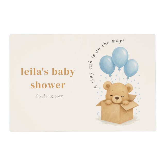 Cute Watercolor Blue Balloon Bear Boy Baby Shower Placemat (Front)