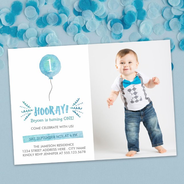 Cute Watercolor Blue Balloon Photo Birthday Party  Invitation (Creator Uploaded)