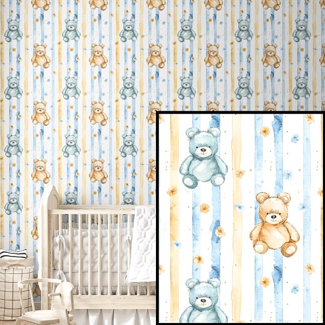 Cute Watercolor Blue Brown Teddy Bears on Striped  Wallpaper (Creator Uploaded)