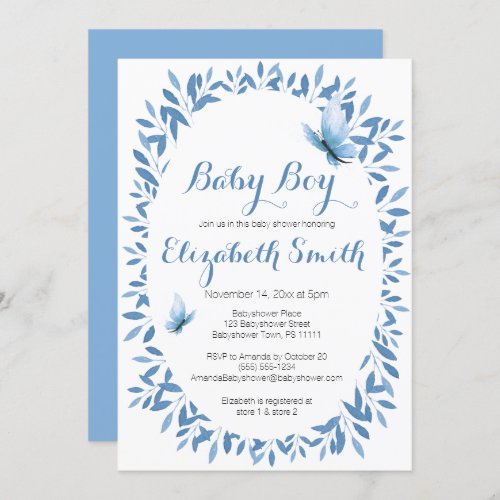 Cute watercolor blue butterfly boy babyshower invitation