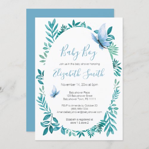 Cute watercolor blue butterfly boy babyshower invitation