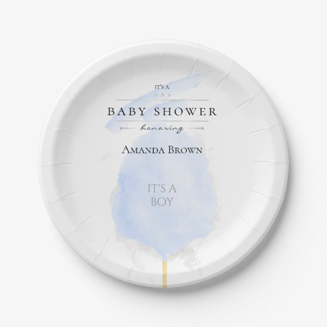 Cute Watercolor Blue Cotton Candy Baby Shower Paper Plates (Front)